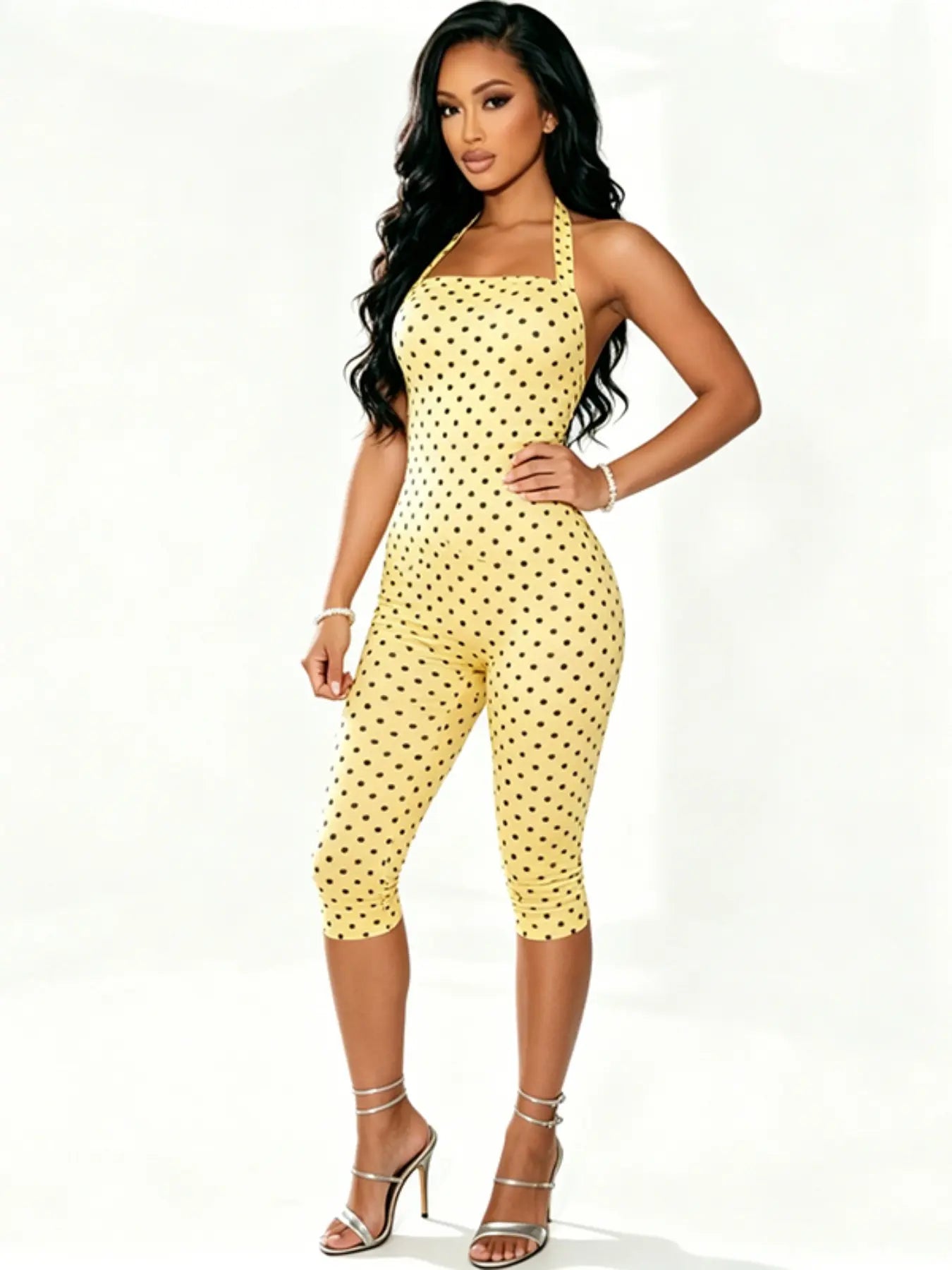 Women'S Polka Dot Sleeveless Halter Bodycon Long Pants, Elegant Retro Style, Perfect for Daily Commute and Dates
