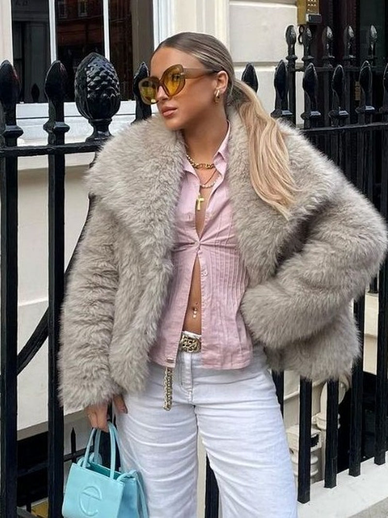 Winter Plush Coat Fashion Warm Thicken Fluffy Lapel Jacket Outwear Casual Long Sleeve Tops Womens Clothing