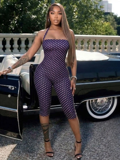 Women'S Polka Dot Sleeveless Halter Bodycon Long Pants, Elegant Retro Style, Perfect for Daily Commute and Dates